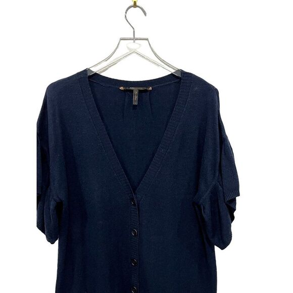 BCBG Max Azria Sz L Lambswool Cardigan Flutter Short Sleeve V-neck Sweater Navy - Picture 3 of 7